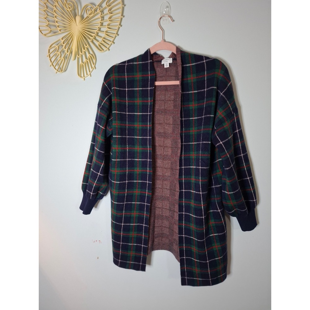 Crown & Ivy Navy Blue Plaid Open Front Cardigan Balloon Sleeve Sweater XS